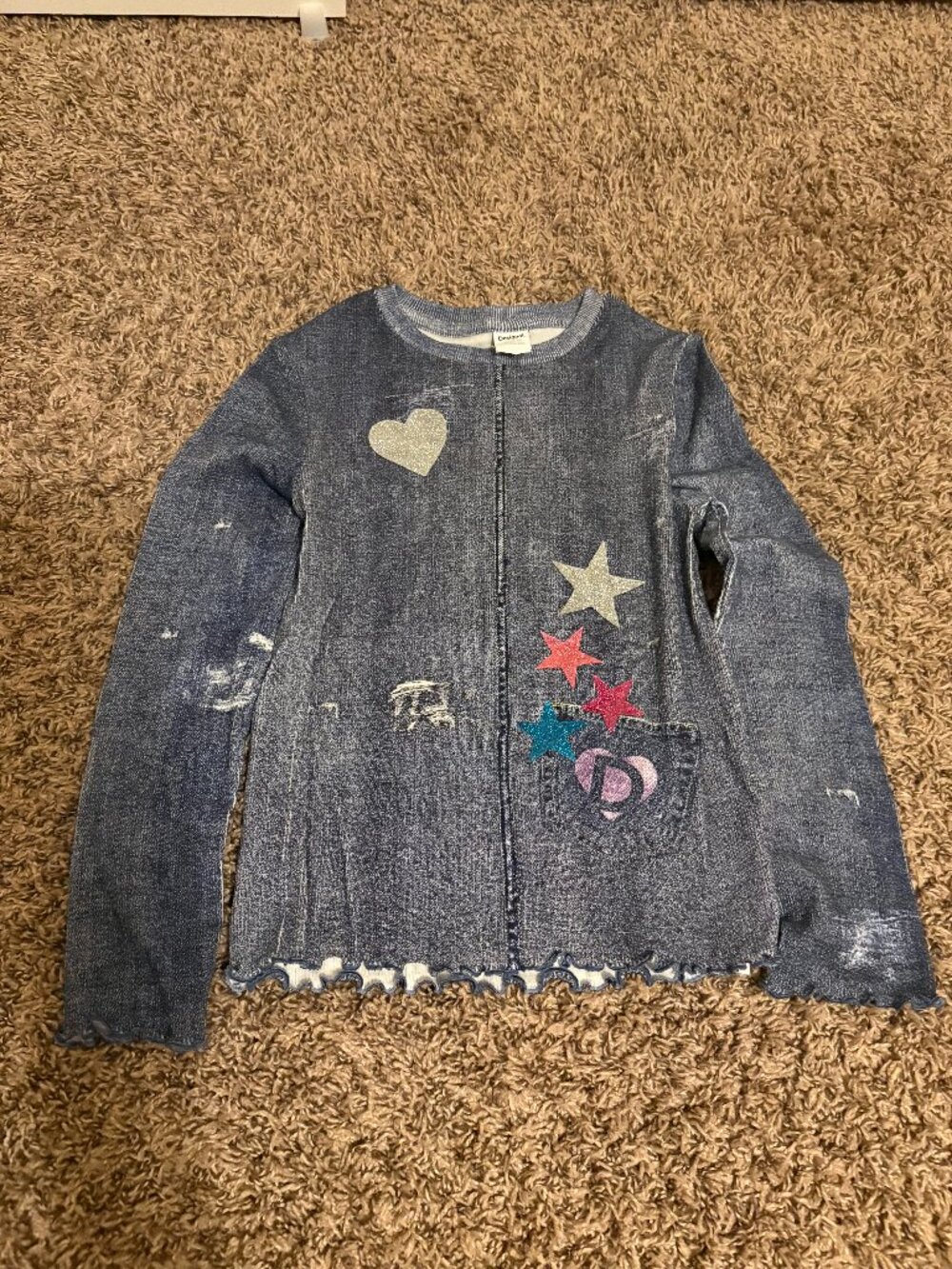 Desigual Tunic Top Size 9-10 Blue Denim Look Print Long Sleeve Lettuce Hem